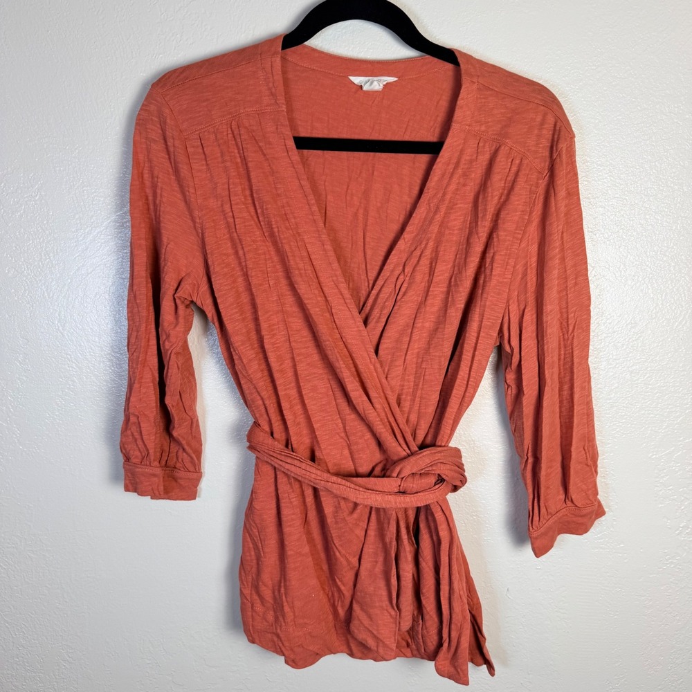 Caslon Womens S Terracotta Orange Slub Knit Wrap Surplice Tie Waist Top Boho